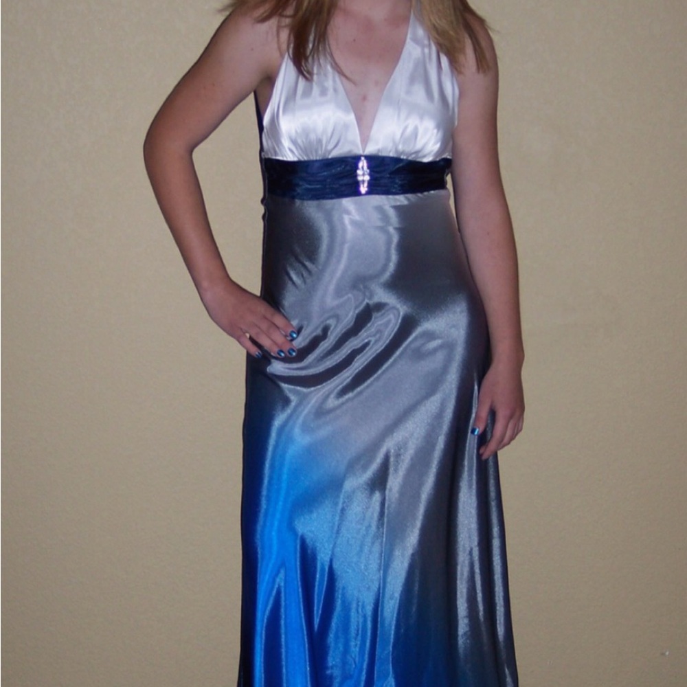 Elegant Blue and White Halter Dress